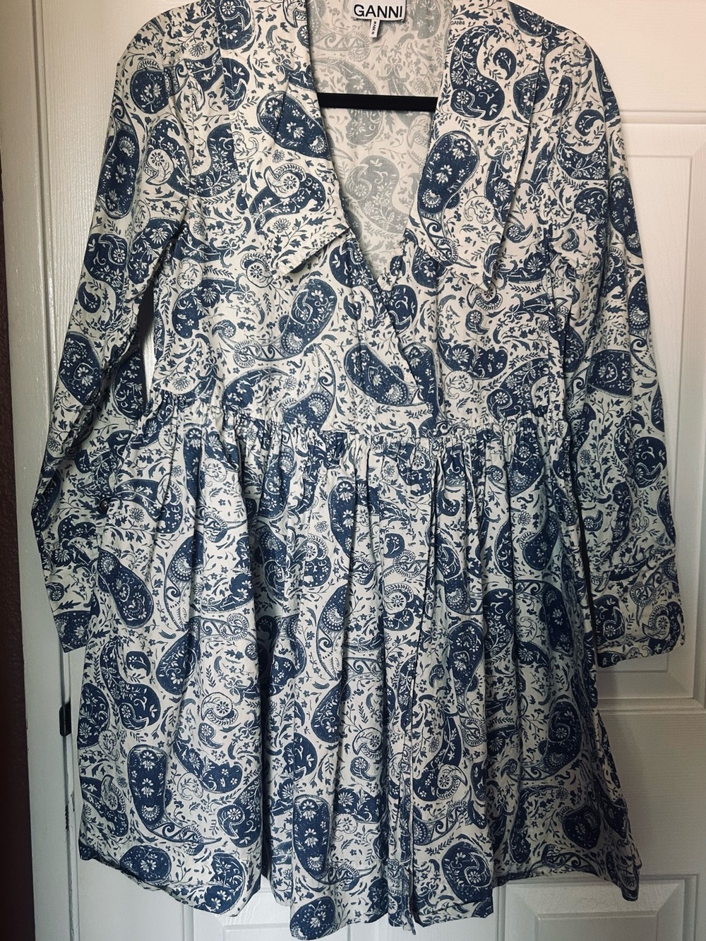 Ganni Blue and White Paisley Long Sleeve Dress